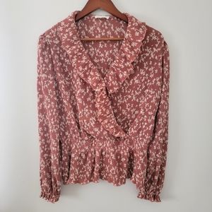 NWOT Blu Pepper Can You Say Cottagecore Pink Floral Ruffle Smocked Top-Large
